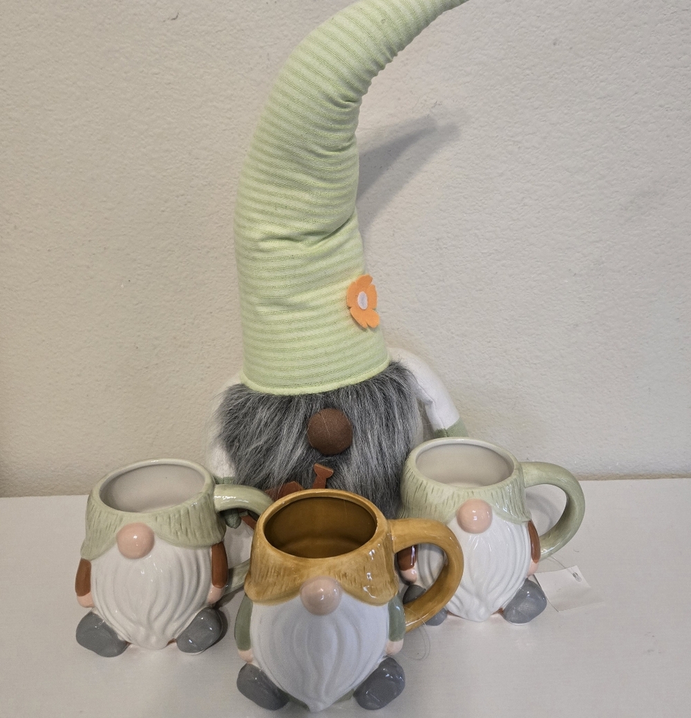 Gnome Mug Set 3 Coffee Mugs 17 Oz and  Gnome w/ Green Hat